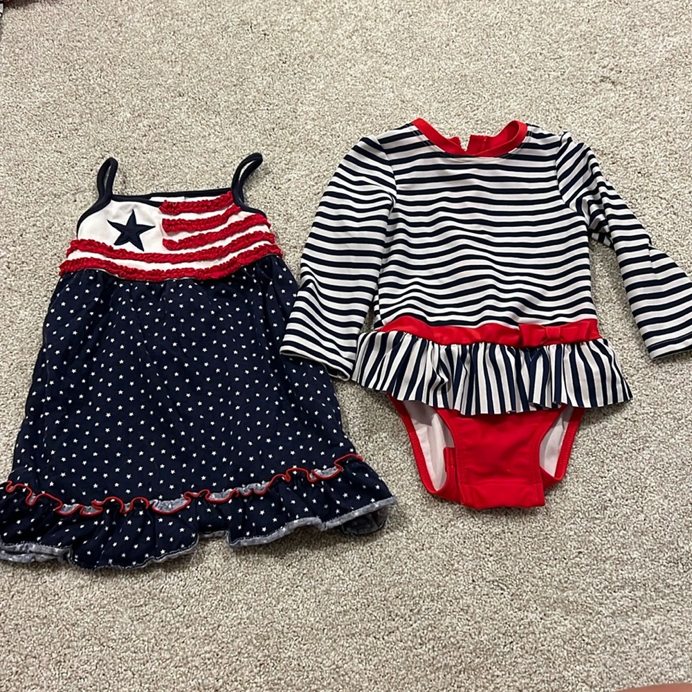 USA themed lil mini bundle of a dress and a swimsuit! Size 18 month toddler girl